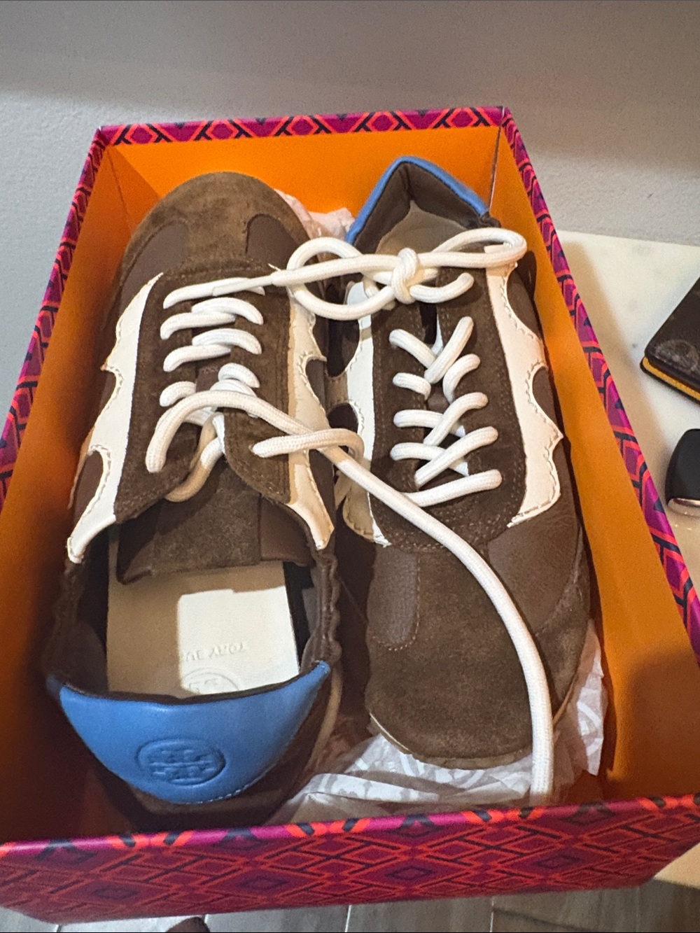 Tory Burch women’s  Brown Suede Sneakers with White Trim and Blue